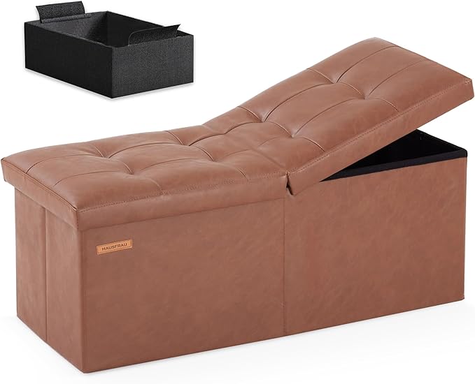 HAUSFRAU 31.5 Inches Ottoman with Storage, Folding Ottoman Bench Small Foot Rest Stool, Bedroom Bench with Flipping Lid, Faux Leather Retro Brown