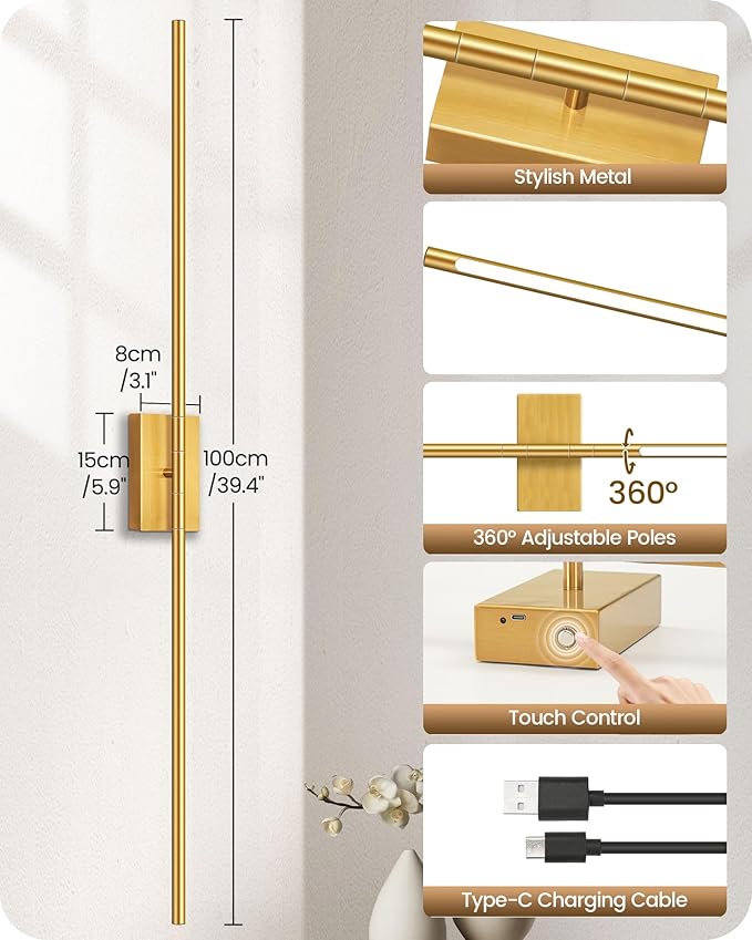 39.4" Wireless Battery Operated Wall Sconces Set of 2, Modern Rechargeable Lamp with Remote, 360° Rotation, 10000mAh, Touch Dimmable Lights for Bedroom, Living Room, Hallway, Gold D07YBP205