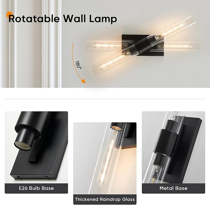 24.8" L Wall Sconces 2-Lights Black Wall Lights Fixtures Morden Cylinder Wall Light for Bathroom Vanity Light Indoor Wall Mounted Lamps for Living Room,Bedroom,Hallway