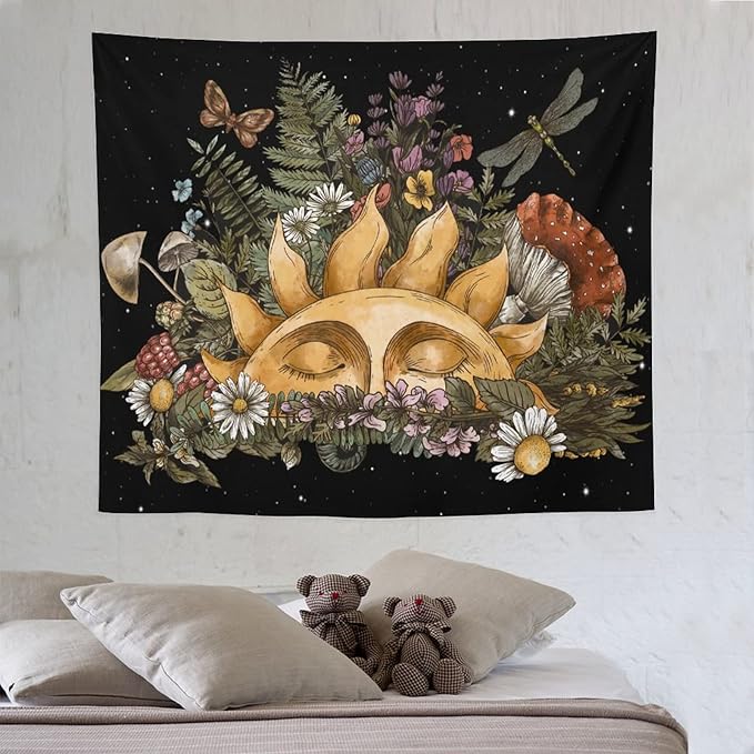 Vintage Sun Tapestry,Boho Hippie Mushroom Starry Floral Forest Plant Tapestries Wall Hanging for Dorm Living Room Bedroom Home Decor(50"x60")