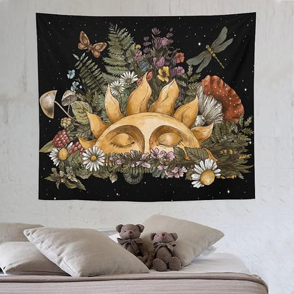 Vintage Sun Tapestry,Boho Hippie Mushroom Starry Floral Forest Plant Tapestries Wall Hanging for Dorm Living Room Bedroom Home Decor(50"x60")