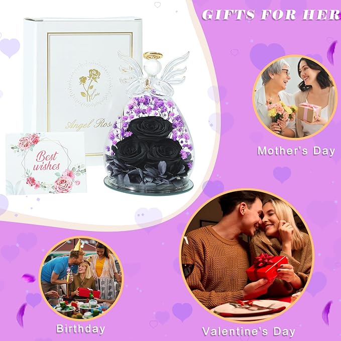 Beferr Valentines Day Rose Gifts for Her Women Mom Gifts for Birthday, Fresh Flowers for Delivery Prime Forever Preserved Rose in Glass Angel Figurine, for Grandma Wife Kids Daughter