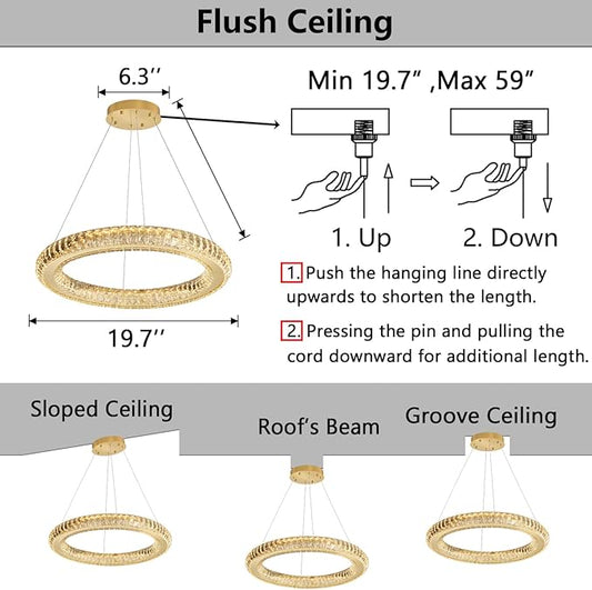 Crystal Ring Chandelier Gold Modern LED Pendant Lights for Dining Room Remote Dimmable Hanging Light Kitchen Island Entrance Bedroom Lighting Chandeliers