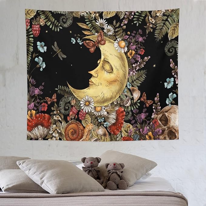 Boho Moon Tapestry Wall Hanging,Vintage Sun and Moon Skull Hippie Mushroom Floral Plant Tapestries for Dorm Living Room Bedroom Decor(50"x60")