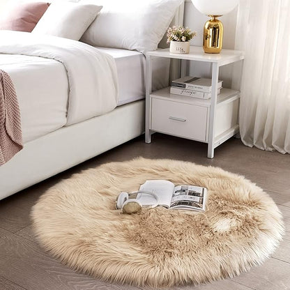 SERISSA Soft Round Faux Sheepskin Fur Area Rug Beige Circle Fluffy Rugs Circular Shaggy Rug Plush Circle Carpet Play Mats for Kids Girls Room Princess Castle Christmas, 5ft Diameter