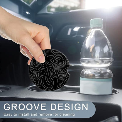 Car Coasters Topographic Cup Holder,Black Contour Map Cute Coasters,2 Pack Anti Slip Ceramic Car Cup Holder Accessories with Finger Notch for Women Men 2.56"