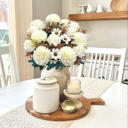3 Pcs Fall Flowers Artificial Mums Silk Fake Mums Bouquet Faux Floral Arrangements Home Indoor Outdoor Planter Decor Party Wedding Table Autumn Decoration (White)