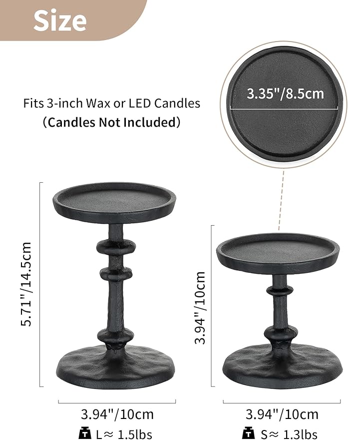 NUPTIO Pillar Candle Holder Black: Solid Cast Iron Candle Stand for 3 Inch Pillars - Handcrafted Hammered Candleholder for Thanksgiving Christmas Fireplace Mantle Decor