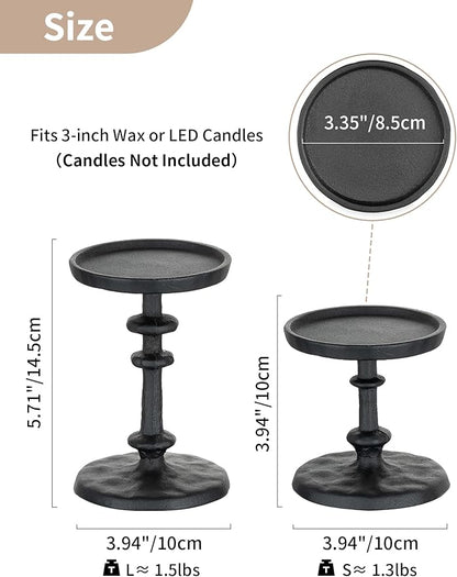 NUPTIO Pillar Candle Holder Black: Solid Cast Iron Candle Stand for 3 Inch Pillars - Handcrafted Hammered Candleholder for Thanksgiving Christmas Fireplace Mantle Decor