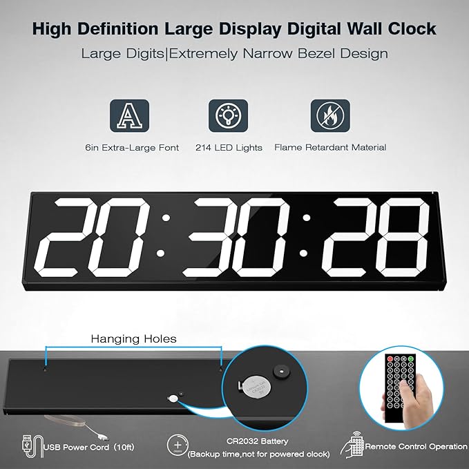Digital Wall Clock with Large Display, 28.4‘’LED 6-Digit Large Clock with Adjustable Brightness, Multifunction Digital Timer with Countdown and Stopwatch (White)