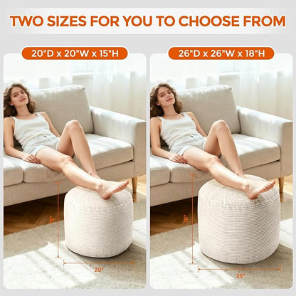 Pouf Ottoman Foot Rest, Comfortable & Soft, Round Footstool Ottoman for Living Room, Bedroom, Office, Room Decoration, Corduroy Foot Stool Pouf with Odorless & Anti-Clump Filling, Small Beige