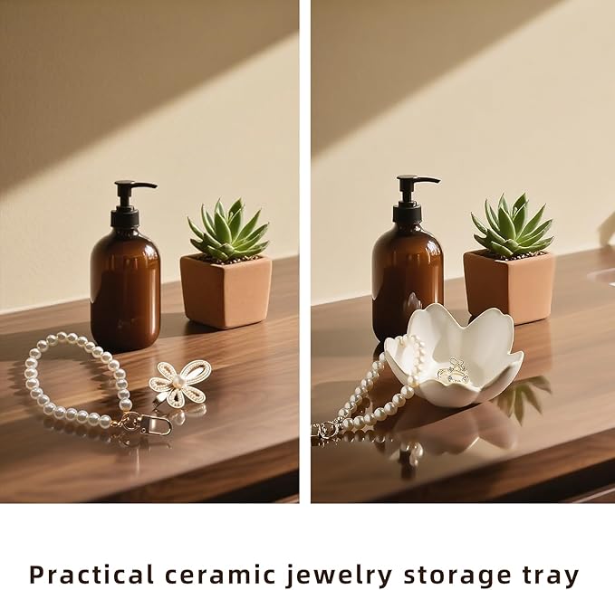 Ceramic Ring Holder Tray - Decorative Floral Trinket Bowl for Jewelry Storage & Vanity Decor(white)