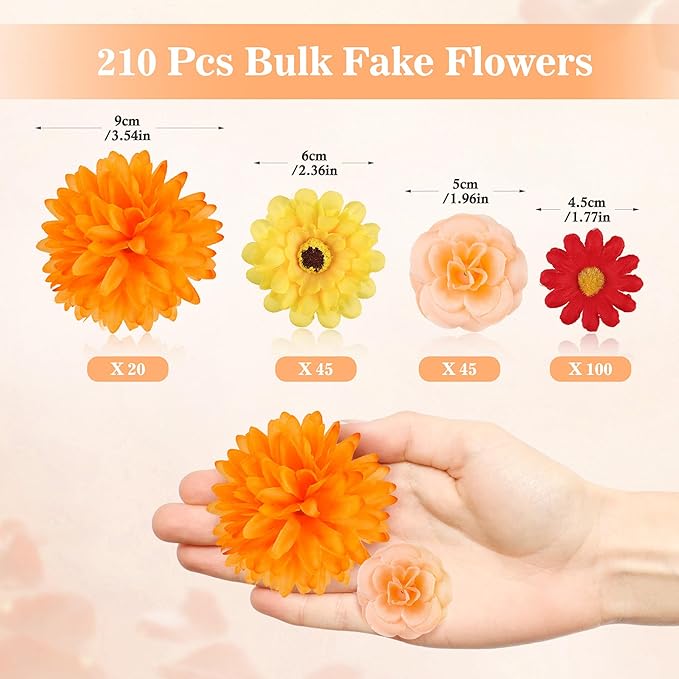 210Pcs Mini Silk Flower Heads Small Fake Mums Rose Faux Flowers Bulk for Crafts Artificial Loose Fabric Flowers Heads Sunflower Bulk for Wedding Hair Cap Dresses Fall Home Decorations (Orange)