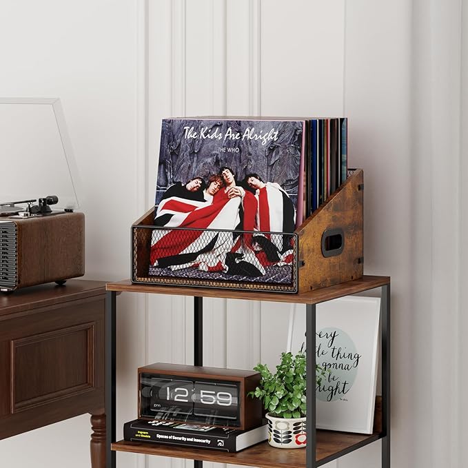 2-Pack Vinyl Record Storage, Record Box Case Crate with Handle, Vinyl Record Holder, Desktop Metal & Wooden LP Record Crate, Easy to Assemble