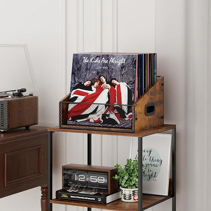 2-Pack Vinyl Record Storage, Record Box Case Crate with Handle, Vinyl Record Holder, Desktop Metal & Wooden LP Record Crate, Easy to Assemble