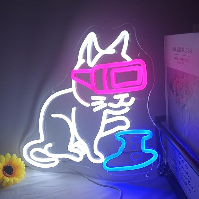 SYLHOME Game Cat Led Neon Light Sign Gamer Controller Pad Bedroom Game Room Bar Pub Man Cave Wall Sign Decor Gamer Teen Birthday Decoration USB 13"X12" Dimmer
