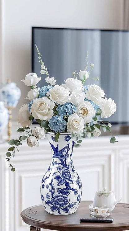 Blue and White Ceramic Vase, 11" Tall Chinoiserie Vase in Wide Mouth, Vintage Blue Flower Vases Decorative Vases for Home Decor, Table Centerpiece, Living Room, Dining Room, Entryways Decor