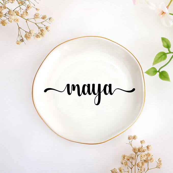 JoycuFF Maya Personalized Name Ceramic Jewelry Tray, Mothers Day Christmas Anniversary Engagement Birthday Gifts for Women Couples, Trinket Dish for Rings Earrings Necklaces Bracelets Keys