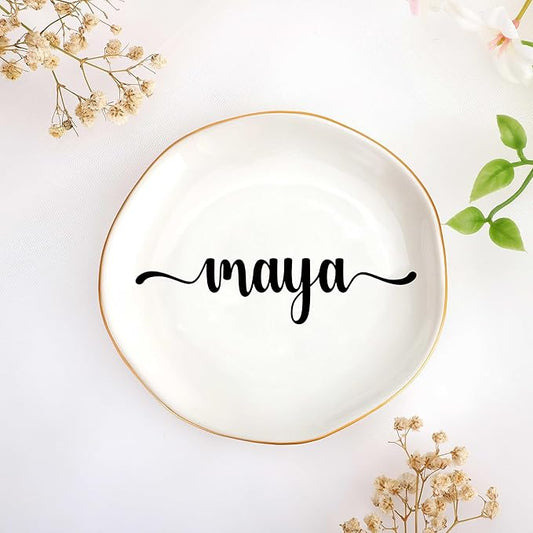 JoycuFF Maya Personalized Name Ceramic Jewelry Tray, Mothers Day Christmas Anniversary Engagement Birthday Gifts for Women Couples, Trinket Dish for Rings Earrings Necklaces Bracelets Keys