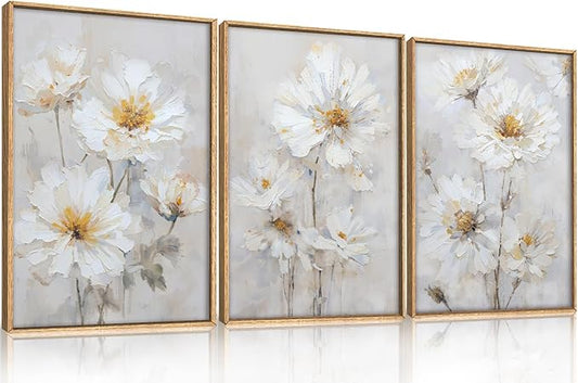 Aryroi Watercolor White Daisy Wildflower Framed Canvas Wall Art Set,Modern Natural Beige Floral Wall Decor,Minimalist Dreamy Flower Botanical Artwork For Living Room, Bedroom,Farmhouse-24 x36 x3