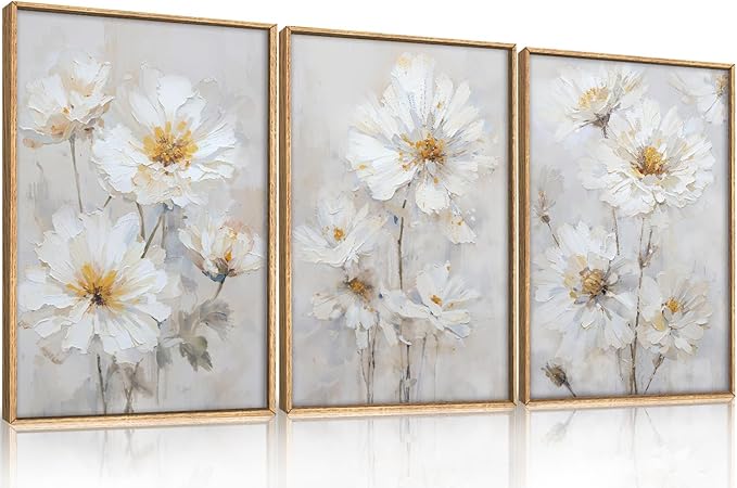 Aryroi Watercolor White Daisy Wildflower Framed Canvas Wall Art Set,Modern Natural Beige Floral Wall Decor,Minimalist Dreamy Flower Botanical Artwork For Living Room, Bedroom,Farmhouse-16 x24 x3