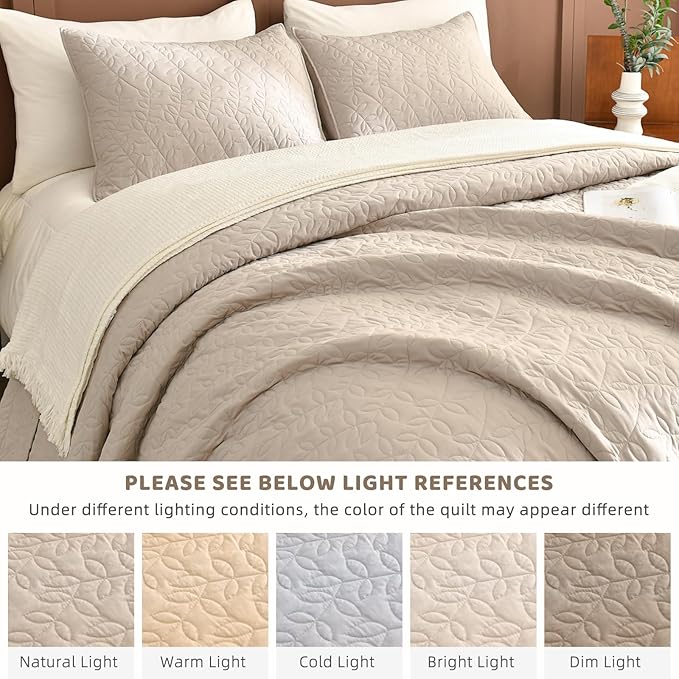 Sanracie Oversized Queen Quilt Bedspread 102"*118", 100% Cotton Quilt Bedding Set 3pcs Linen Colored Extra Large Wide Coverlet Queen Size Lightweight Soft and Cozy Cloud Bed Quilts for All Season