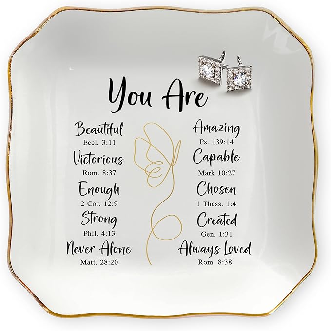 OASSIE Christmas Christian Gifts for Women Faith - 4"x4" Ceramic Jewelry Dish Tray - Christmas Inspirational Catholic Birthday Gifts for Women Friends, Wife Present Ideas, Trinket Dish Jewelry Tray