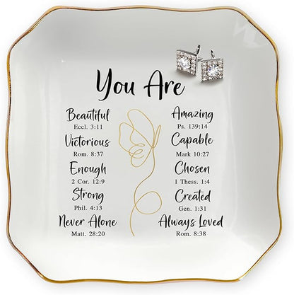 OASSIE Christmas Christian Gifts for Women Faith - 4"x4" Ceramic Jewelry Dish Tray - Christmas Inspirational Catholic Birthday Gifts for Women Friends, Wife Present Ideas, Trinket Dish Jewelry Tray