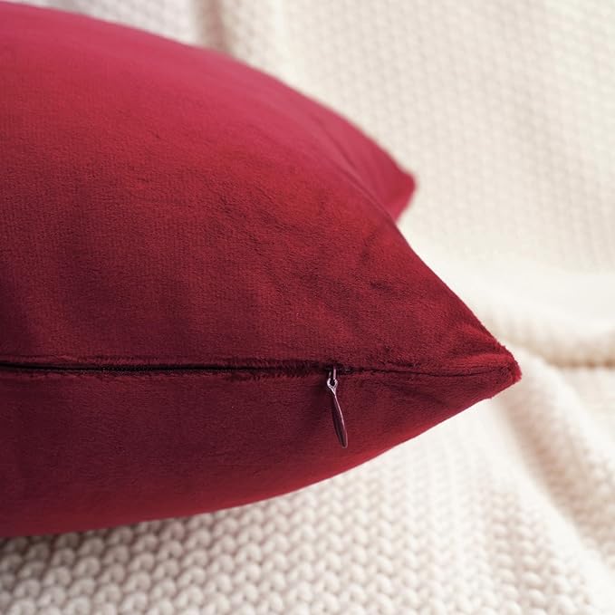 HWY 50 Burgundy Red Velvet Throw Pillow Covers 20x20 Inch, Pack of 2 Soft Cozy Solid Decorative Luxury Cushion Cases for Couch Sofa Bed Living Room Bedroom