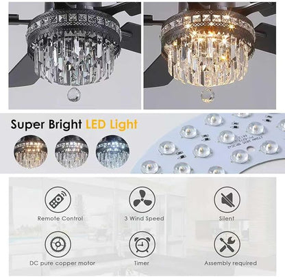 Asyko Crystal Ceiling Fan Fandelier with Lights - 46" Outdoor Fans with Remote Control，Crystal Ceiling Fans Noiseless DC Motor, Retro/Farmhouse Lighting, Dining Room,Living Room