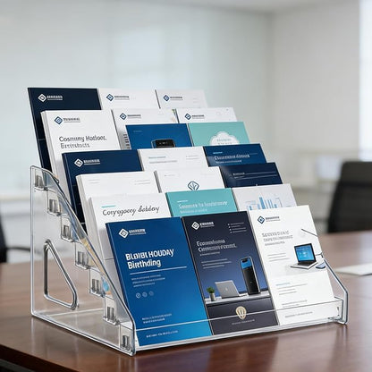 7 Tier Brochure Holder 12 x 7 inch Clear Acrylic Pamphlet Holder Display Stand Organizer Plastic Flyer Literature Magazine Booklets Menu Journals Rack for Home Office Exhibition, Pack of 2