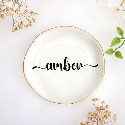 JoycuFF Amber Personalized Name Ceramic Jewelry Tray, Mothers Day Christmas Anniversary Engagement Birthday Gifts for Women Couples, Trinket Dish for Rings Earrings Necklaces Bracelets Keys