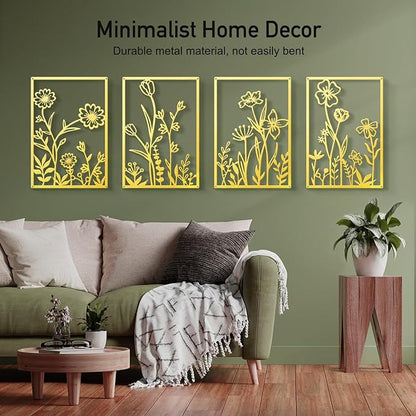 Sokurdeg Gold Metal Flowers Wall Decor, Minimalist Floral Metal Wall Hanging Art for Bedroom Bathroom Living Room (4 Pcs, 12 x 17 in)