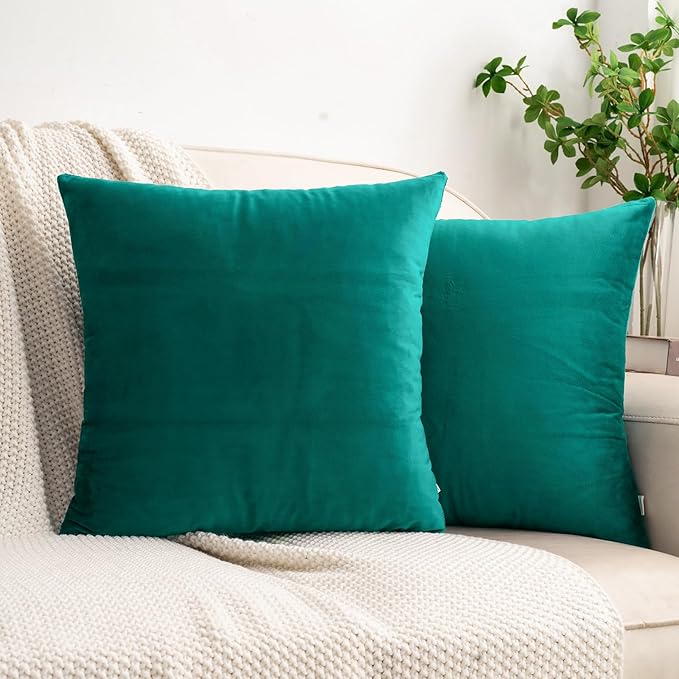 HWY 50 Teal Velvet Throw Pillow Covers 20x20 Inch, Pack of 2 Soft Cozy Solid Decorative Luxury Cushion Cases for Couch Sofa Bed Living Room Bedroom