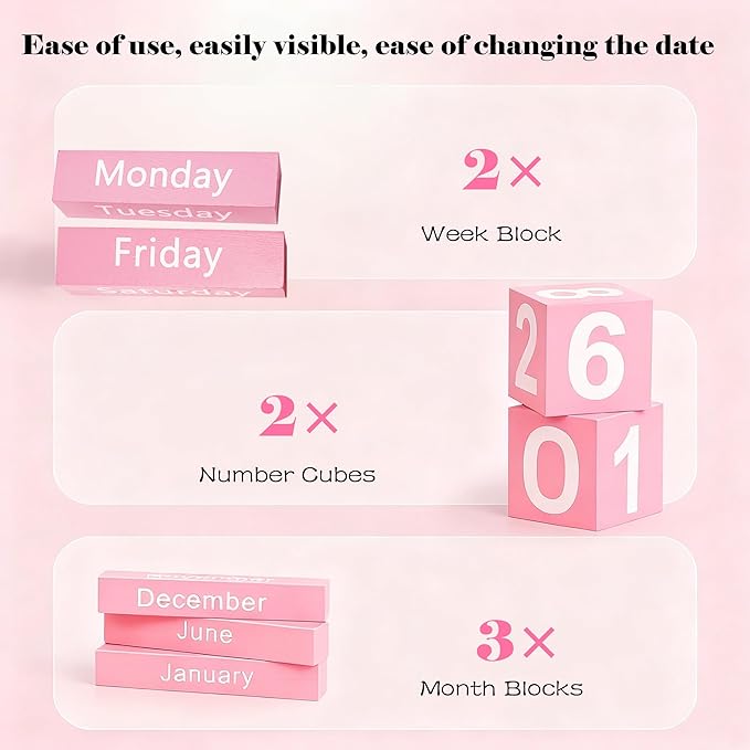 Pink Desk Calendar Wooden Block Perpetual Calendar Cute Pink Office Desktop Accessories for Women Room Bedroom Girls Birthday Party Gift Christmas Home Decor