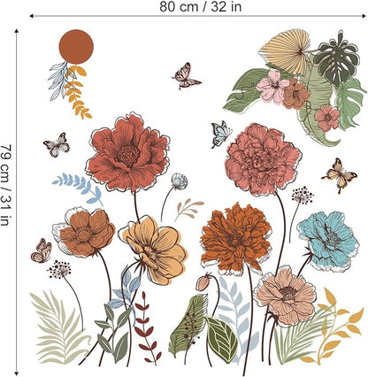 Large Boho Flower Wall Decals Floral Leaves Grass Butterfly Wall Stickers Removable Wall Art Decor for Living Room Bedroom