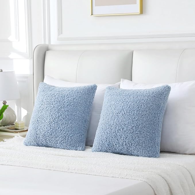 FUTEI Light Blue Throw Pillow Covers 26x26 Inch Set of 2,Furry Faux Fur Teddy Boucle Textured Cushion Covers,Soft Fluffy Decorative Euro Pillow Shams,Home Decor for Couch Bed Living Room Office Car
