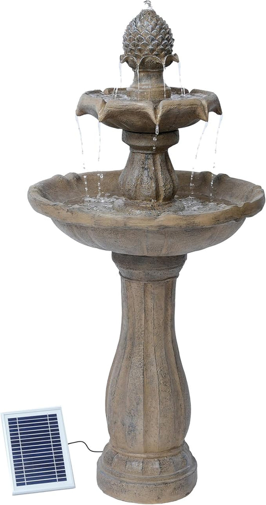 XBrand 44" H Fiberglass/Resin 2-Tier Outdoor Water Fountain with Solar Panel & Auto-Shut Off Pump, Tall Garden Birdbath Fountain