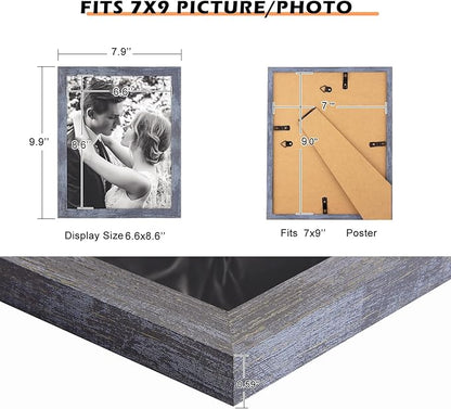 7x9 Picture Frame Blue, Rustic Natural 9x7in Photo/Portrait/Poster/Art Frame, Wall Hanging/Tabletop, Horizontal/Vertical Display Gallery Family Wedding Memorial Pic Frame Gift