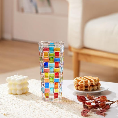 Hand Woven Colorful Glass Flower Vase - 7.7 Inch Mosaic Crystal Vase for Flowers, Unique Stained Glass Vase for Centerpieces, Weddings, Home Decor & Gifts for Women