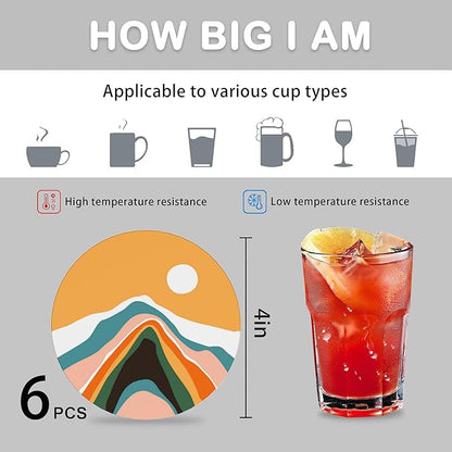 Boho Sunset Sunrise Mountain Set of 6 Coasters for Drinks Absorbing Round Ceramic Stone Coaster with Cork Base,Tabletop Protection Mat for Mugs and Cups,Office,Kitchen