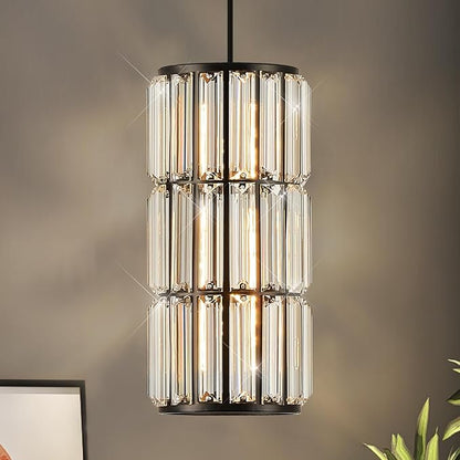 Black Crystal Pendant Light for Kitchen Island, Modern Mini Hanging Light Fixture with Adjustable Cord, 1-Light Farmhouse Pendant Lighting for Dining Room, Bedroom, Hallway, Bar