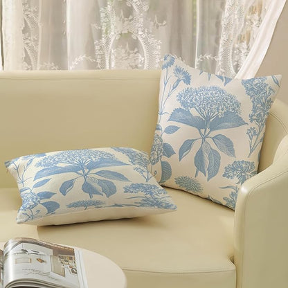 Baby Blue Pillow Covers 18x18 Set of 2 Vintage Boho Floral Hydrangea Herbs Botanical Throw Pillows Outdoor Flower Decoration Pillowcase Linen Farmhouse Cushion Case Decorative for Couch Sofa