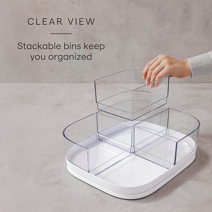 YouCopia MagicTrack Rectangle Lazy Susan Turntable with 4 Clear Storage Bins: Rotating Cabinet Organizer for Kitchen or Bathroom Items, 360° Spin, Non-Slip, White Speckled BPA-Free