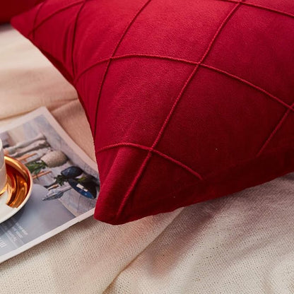 JAUXIO Diamond Pinch Pleated Crystal Velvet Pillowcases 2 Pack Solid Pintuck Throw Cushion Cover for Home Decor Hidden Zipper Closure (Burgundy, King)