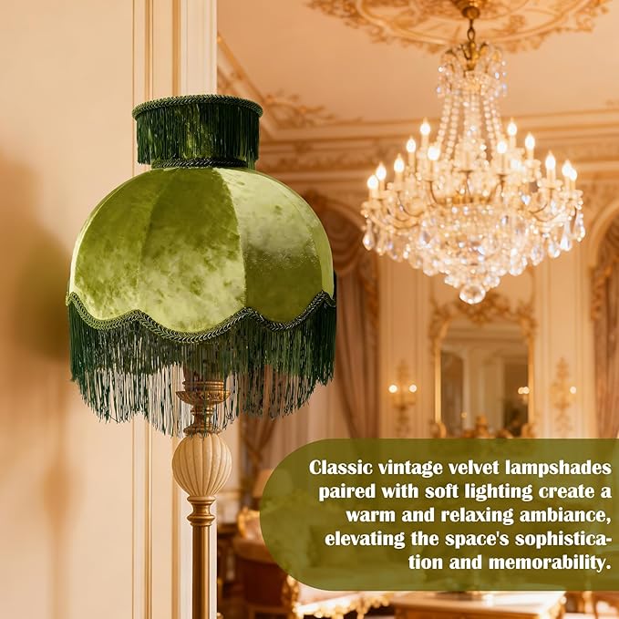 Caramel-colored velvet fringe lampshade 7.8" Top x 17.7" Bottom x 13.4" High x 15 Slant"- Large Dome with Scalloped Edge & Fringe Tassels, for Table/Floor Lamps(1, green, Large)