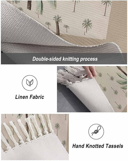 Tropical Palm Tree Large Runner Rug 4X6 Ft Living Room Area Rug, Washable Woven Brown Summer Beach Plant Throw Carpet with Tassel, Non-Shedding Farmhouse Retro Green Botanical Bedroom Office Carpets