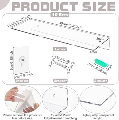 10Pcs Clear Acrylic Floating Shelf, L-Shaped Clear Acrylic Shelf Rectangle Floating Bookshelf Invisible Book Shelves for Bedroom Living Room Bathroom Office Wall, 11.81x4.07Inch