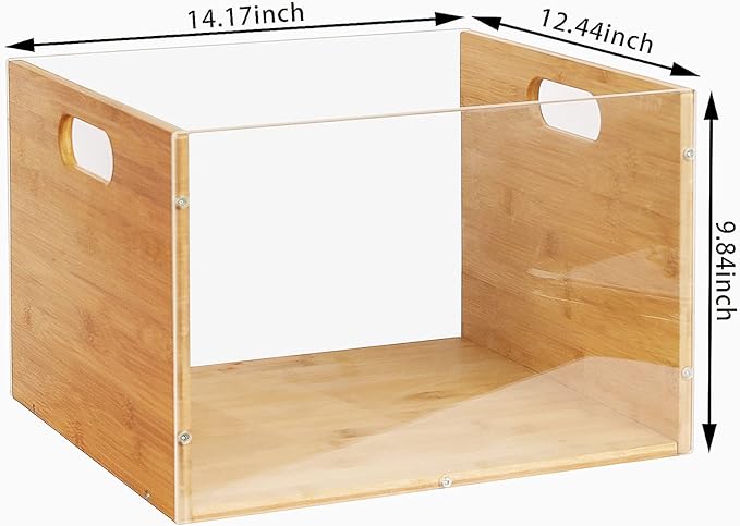 Clear Acrylic File Box Organizer, Bamboo Hanging Folder Storage Boxes, Filing Crate Bin Holder with Handle for Home Office Desk, Letter Size