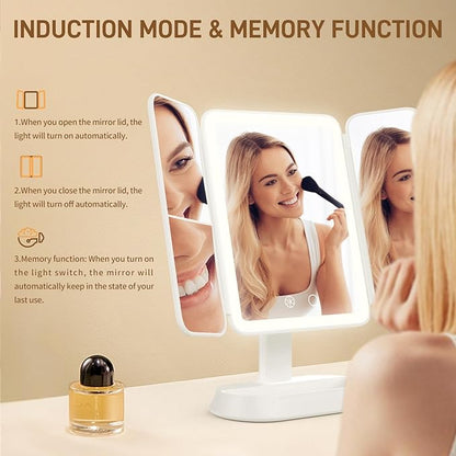 Vanity Mirror with Lights - Rechargeable Lighted Makeup Mirror | 1X/3X/5X Magnification, Smart Touch, 3 Colors Dimmable | Portable Trifold Mirror for Travel - Valentines Day Gifts for Her